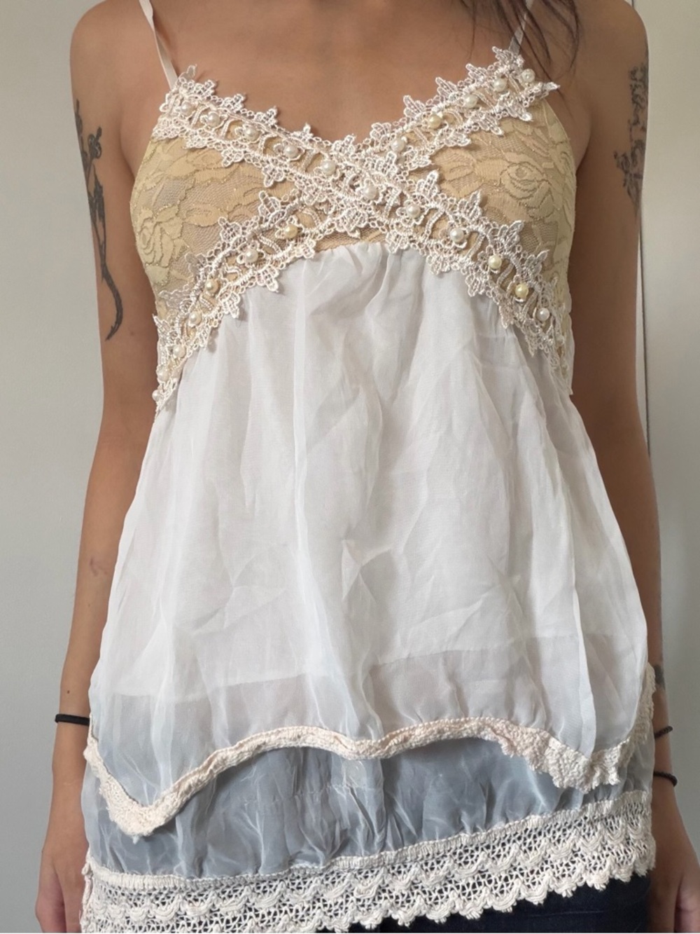 Sheer Ivory and Beige Lace Trim Spaghetti Strap Camisole